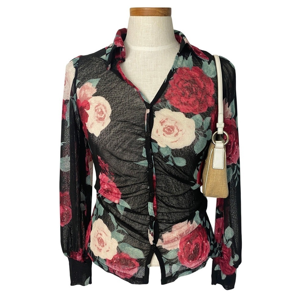 Ember Y2K Sheer Romantic Goth Dark Floral Roses Button Up Top Blouse S Black NWT